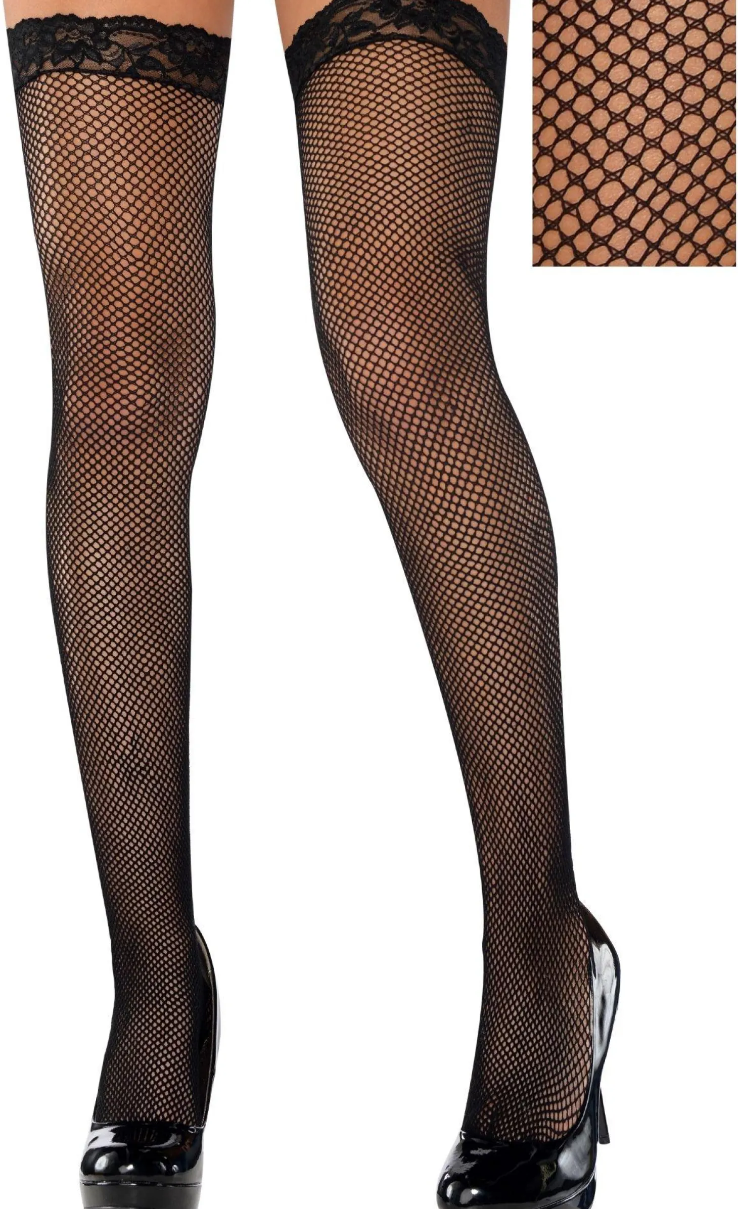 Adult Black Fishnet Thigh-High Stockings with Lace Top