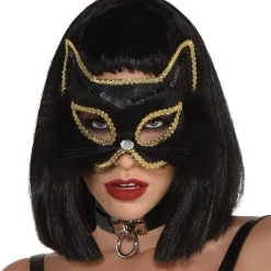 Black & Gold Fabric & Marabou Feather Cat Mask