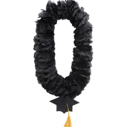 Black & Gold Grad Cap Fabric Flower Lei, 20in