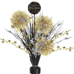 Black, Gold & Silver New Year's Pom-Pom Foil & Plastic Spray Centerpiece, 18in