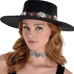 Black Modern Western Cowgirl Hat with Medallion Hatband