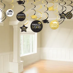 Black, Silver, & Gold Congrats Grad Cardstock Swirl Decorations, 30pc