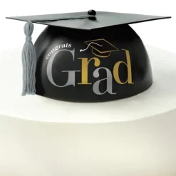 Black, Silver & Gold Grad Cap Cake Topper, 7.43in x 3.37in