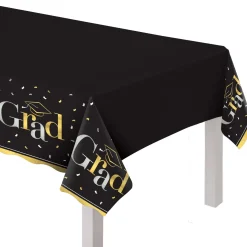 Black, Silver & Gold Grad Plastic Table Cover, 54in x 102in - Class Dismissed