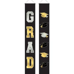 Black, Silver & Gold Graduation Fabric Vertical Banners, 1.1ft x 6ft, 2ct