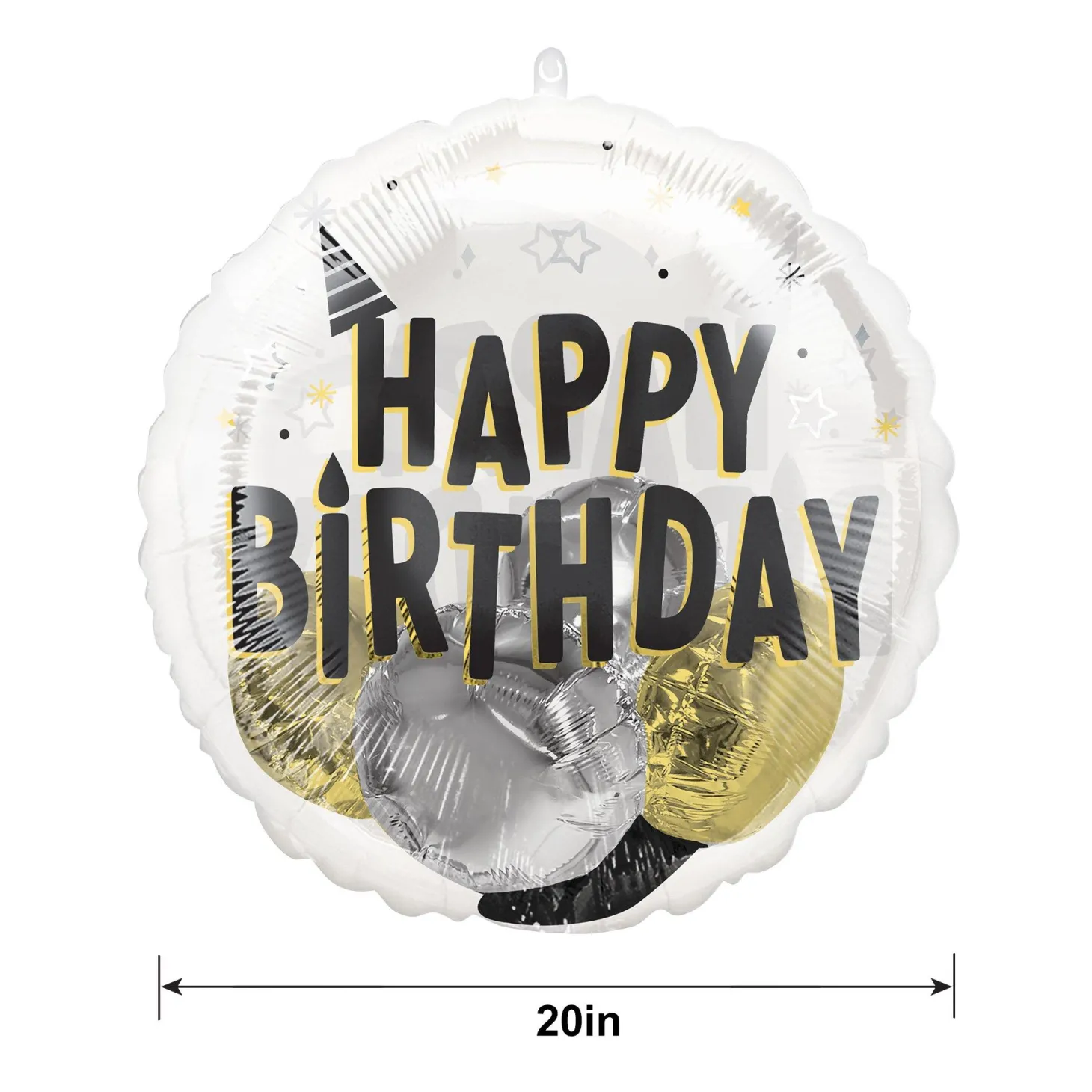 Black, Silver & Gold Happy Birthday Stuffed Plastic Balloon, 20in