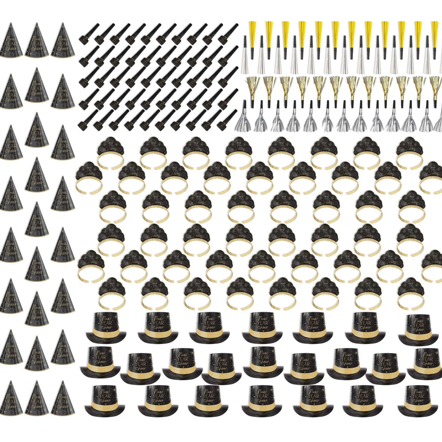 Black, Silver, Gold New Year's Eve Party Kit, Multiple Counts