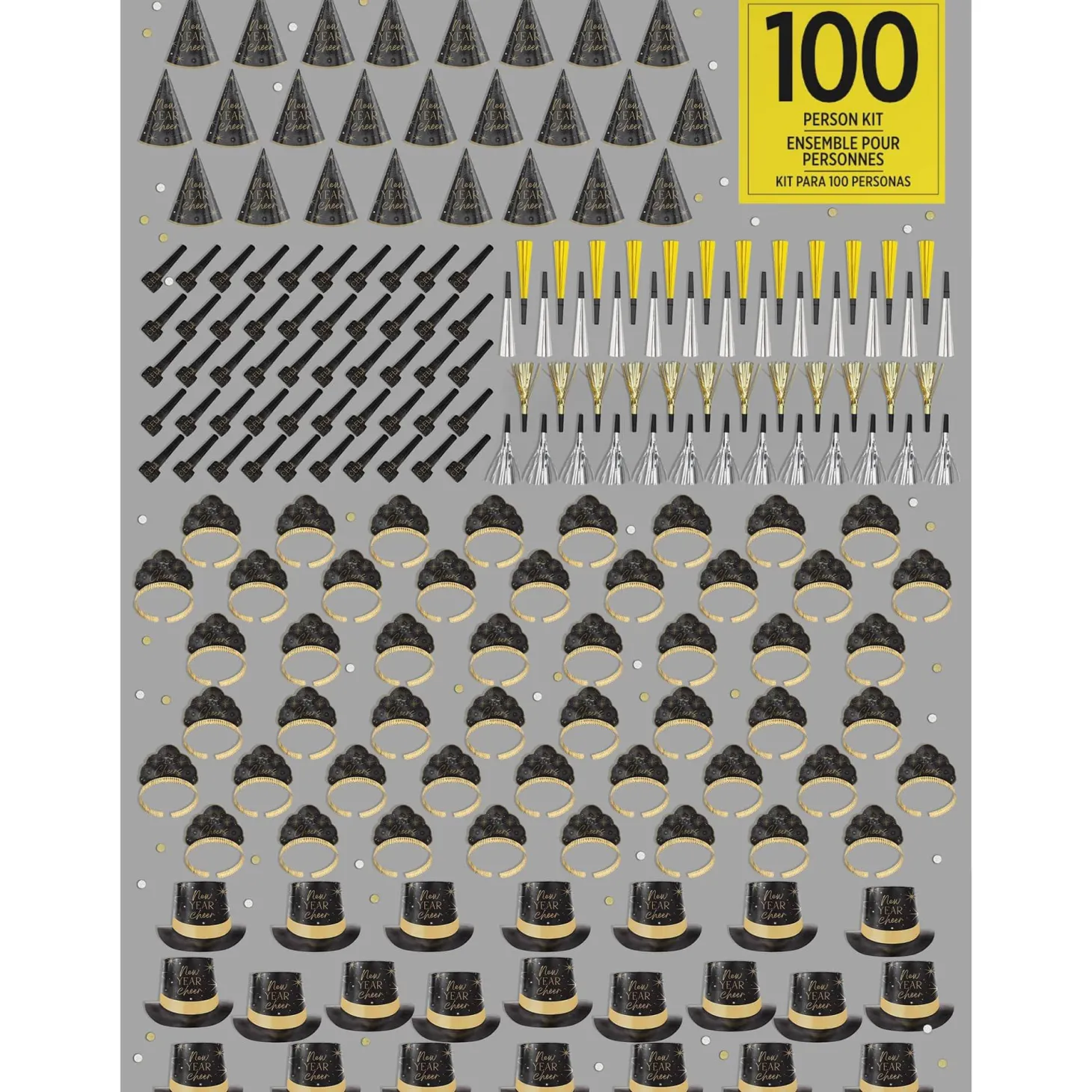 Black, Silver, Gold New Year's Eve Party Kit, Multiple Counts