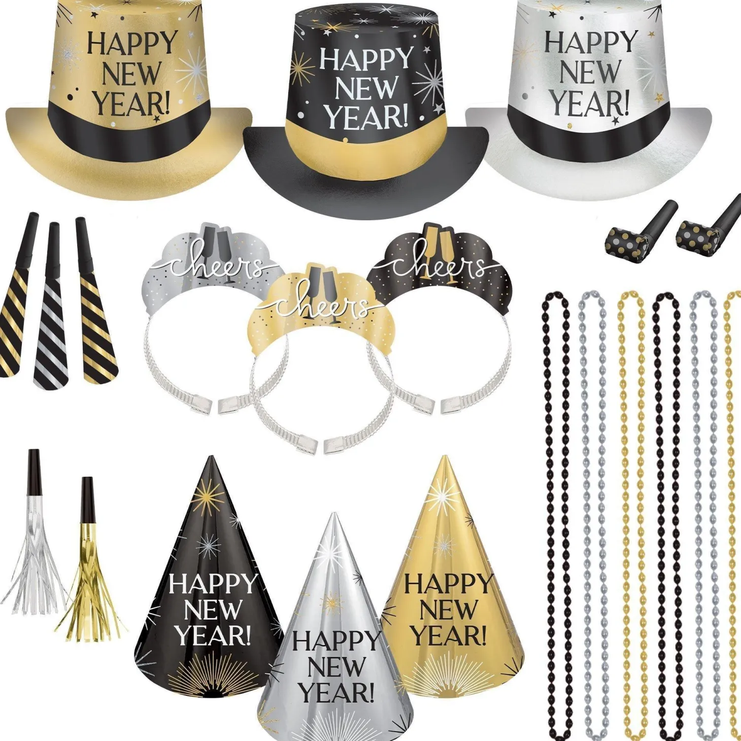 Black, Silver, Gold New Year's Eve Party Kit, Multiple Counts