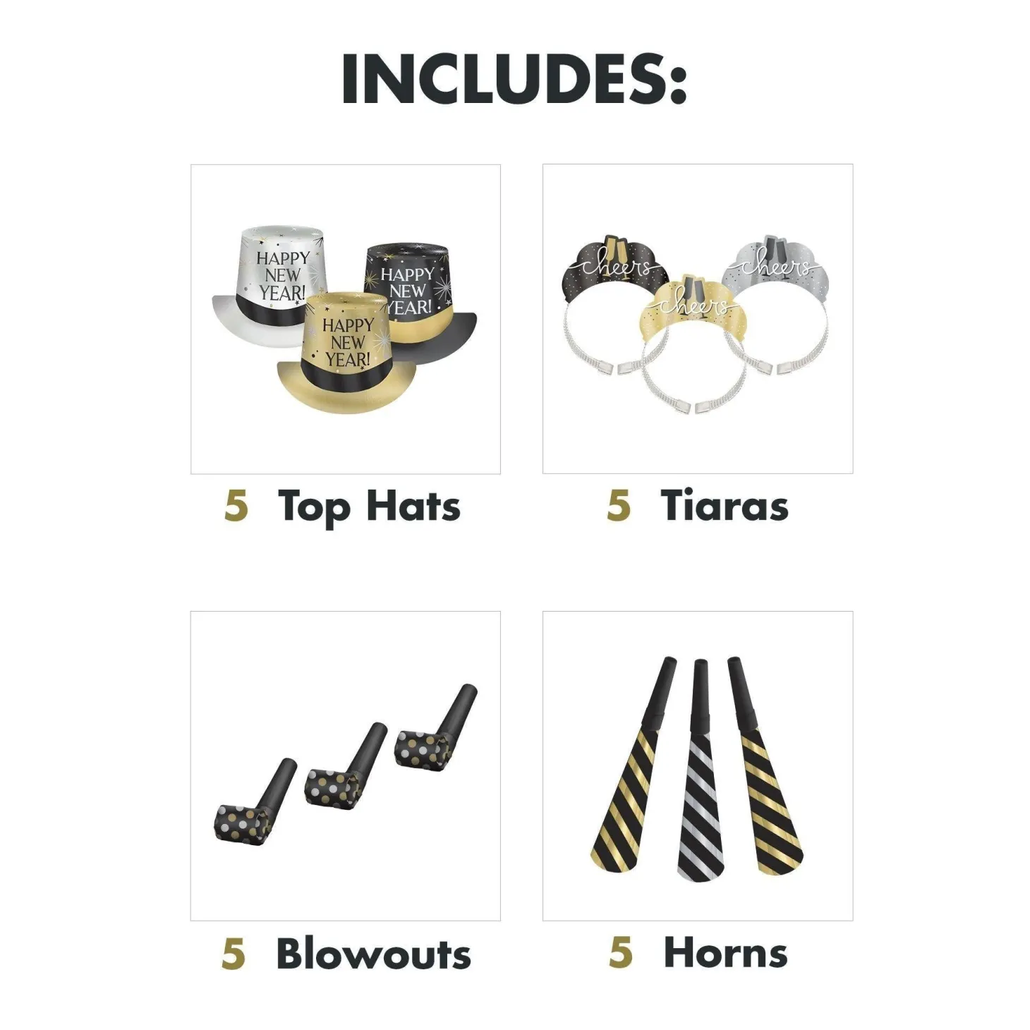 Black, Silver, Gold New Year's Eve Party Kit, Multiple Counts