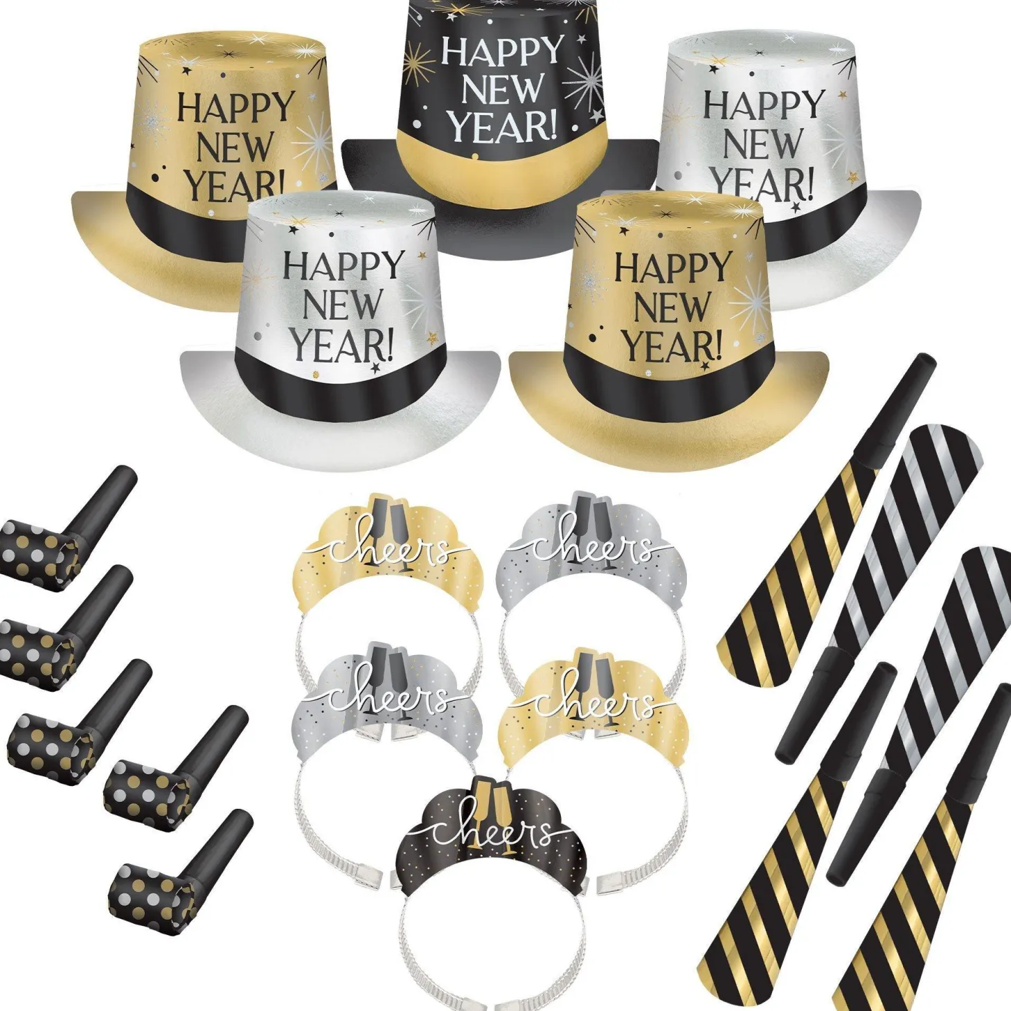 Black, Silver, Gold New Year's Eve Party Kit, Multiple Counts