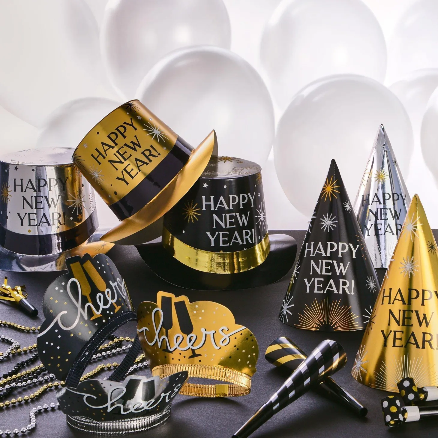 Black, Silver, Gold New Year's Eve Party Kit, Multiple Counts