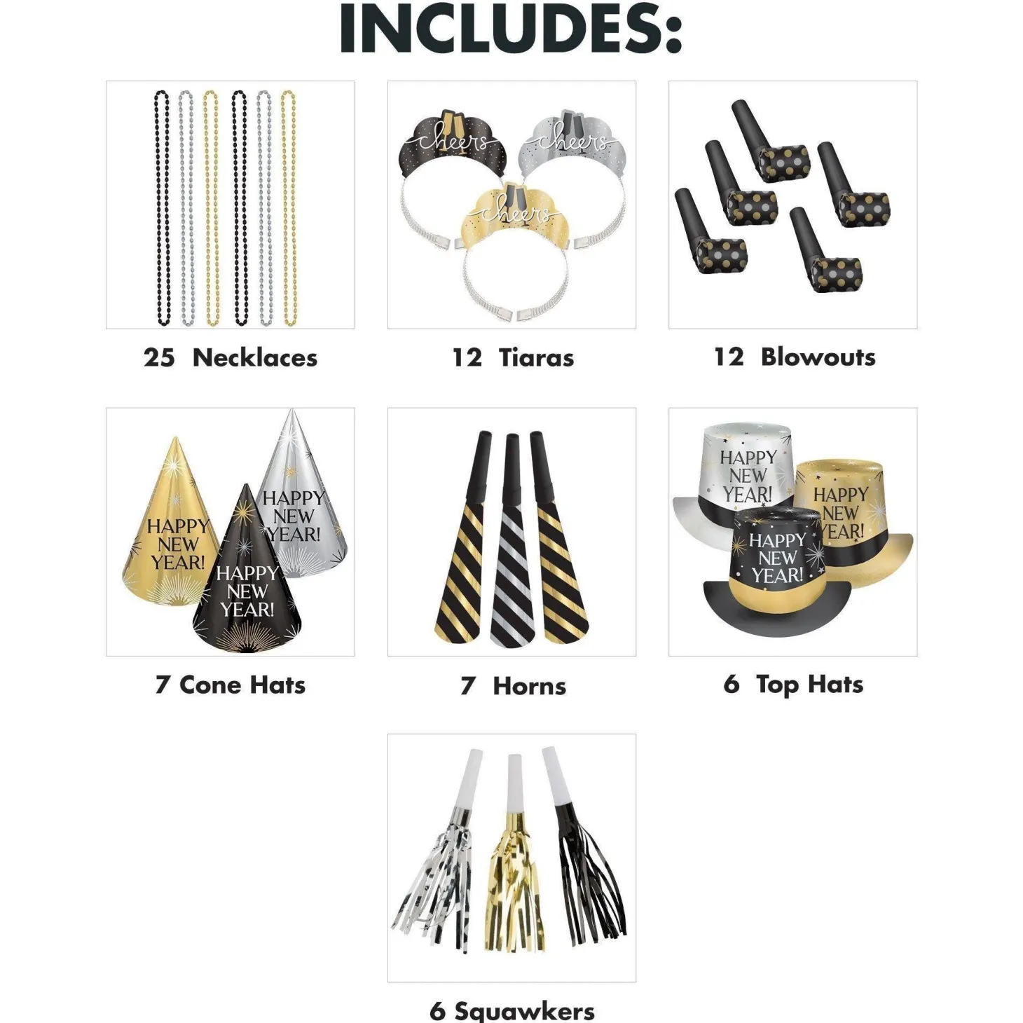 Black, Silver, Gold New Year's Eve Party Kit, Multiple Counts