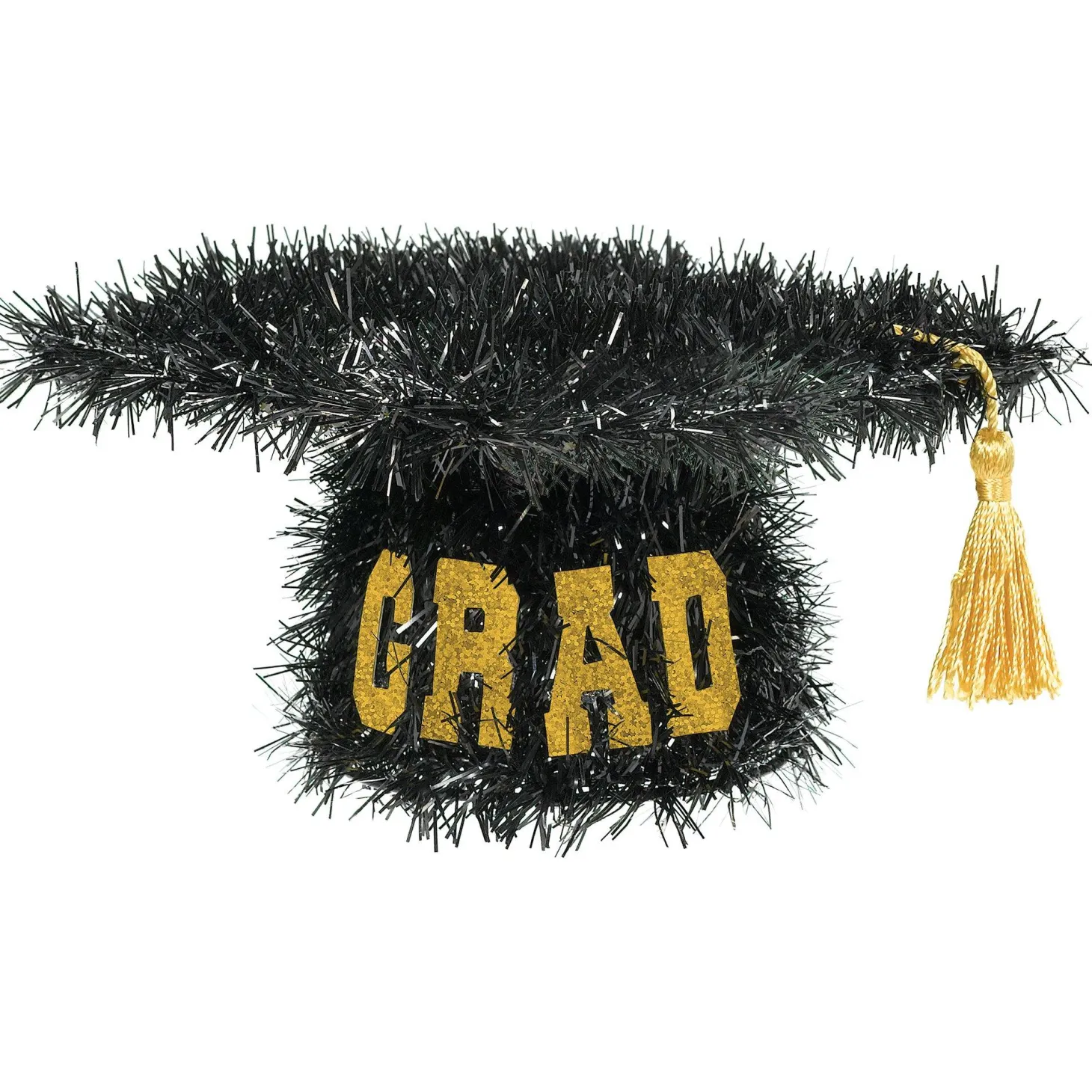 Black Tinsel Graduate Cap with Gold Tassel, 4.5in x 8.5in – GRAD Table Decoration