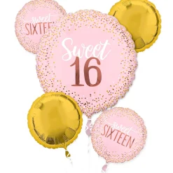 Blush Pink & Gold Sweet 16 Birthday Foil Balloon Bouquet, 5pc