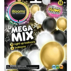 15ct, 12in, Illooms Light-Up Black, Silver & Gold LED Balloons