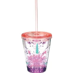 Enchanted Unicorn Confetti Double Wall Tumbler with Straw, 12oz