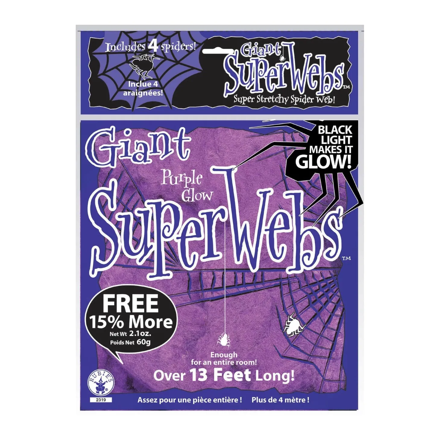 Giant Glow Super Spiderweb with 4 Spiders - 60 Grams, Assorted Colors