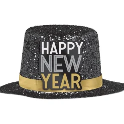 Glitter Black New Year's Mini Plastic & Cardstock Top Hat, 2in