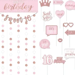 Glitter Gold & Pink Sweet 16 Photo Booth Kit 14pc