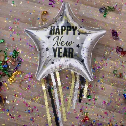 Happy New Year Star Foil Balloon (25in) with Fringe (25in) - Elegant New Year Celebration