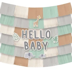 Hello Baby Soft Jungle Baby Shower Fringe Banner Backdrop with Cutouts, 5ft x 4.8ft