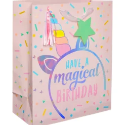 Large Glossy Magical Unicorn Birthday Gift Bag, 10.5in x 13in