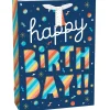 Large Happy Birthday Rainbow Stripe Cutout Paper Gift Bag, 12.5in x 17in