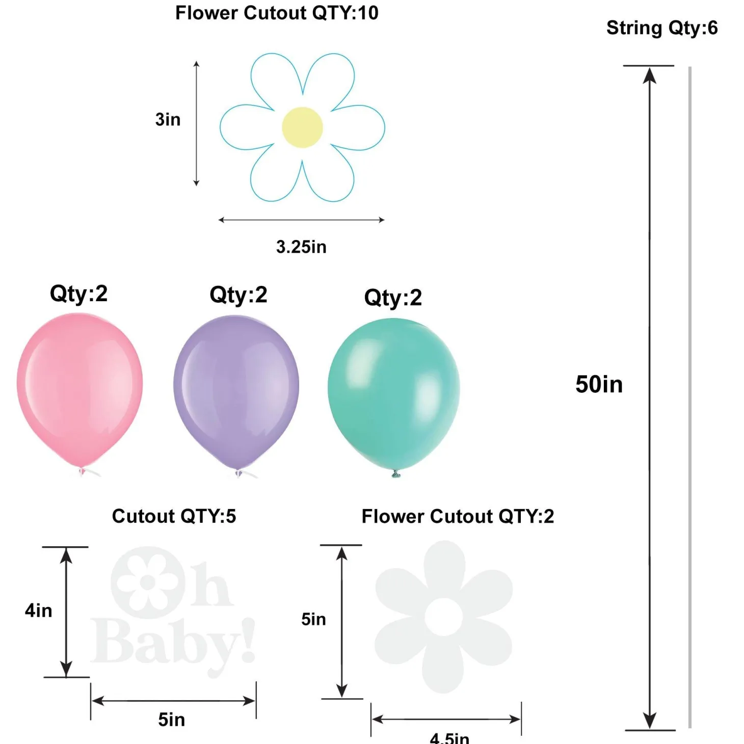 Little Daisy Baby Shower Latex Balloons, 12in, 6ct, with Balloon Tails