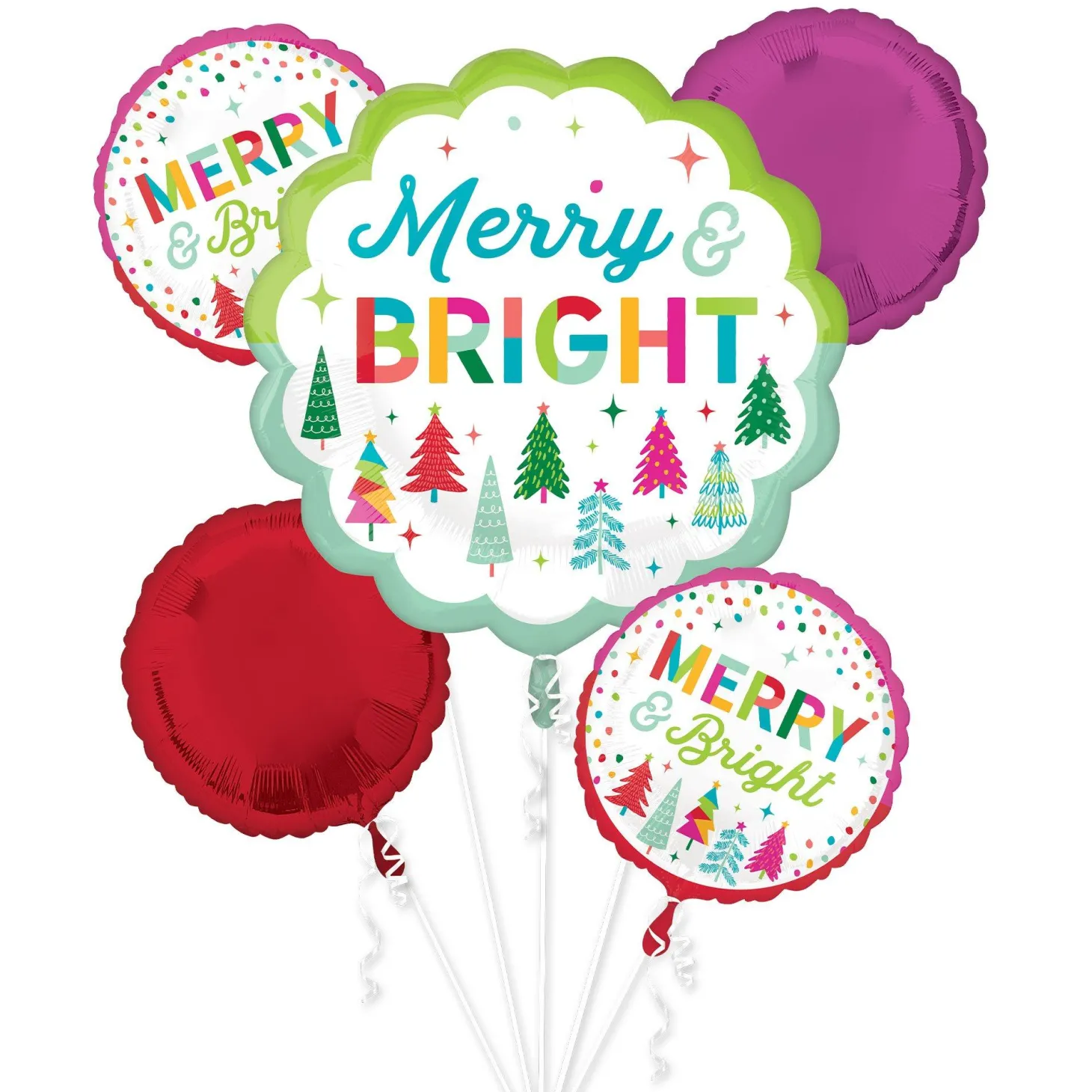 Merry & Bright Christmas Foil Balloon Bouquet, 5pc