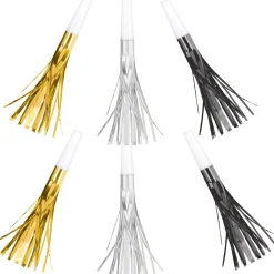 Metallic Black, Gold & Silver Fringe Party Horns 8ct