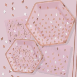 Metallic Blush Birthday Hexagon Dessert Plates, 7in, 8ct