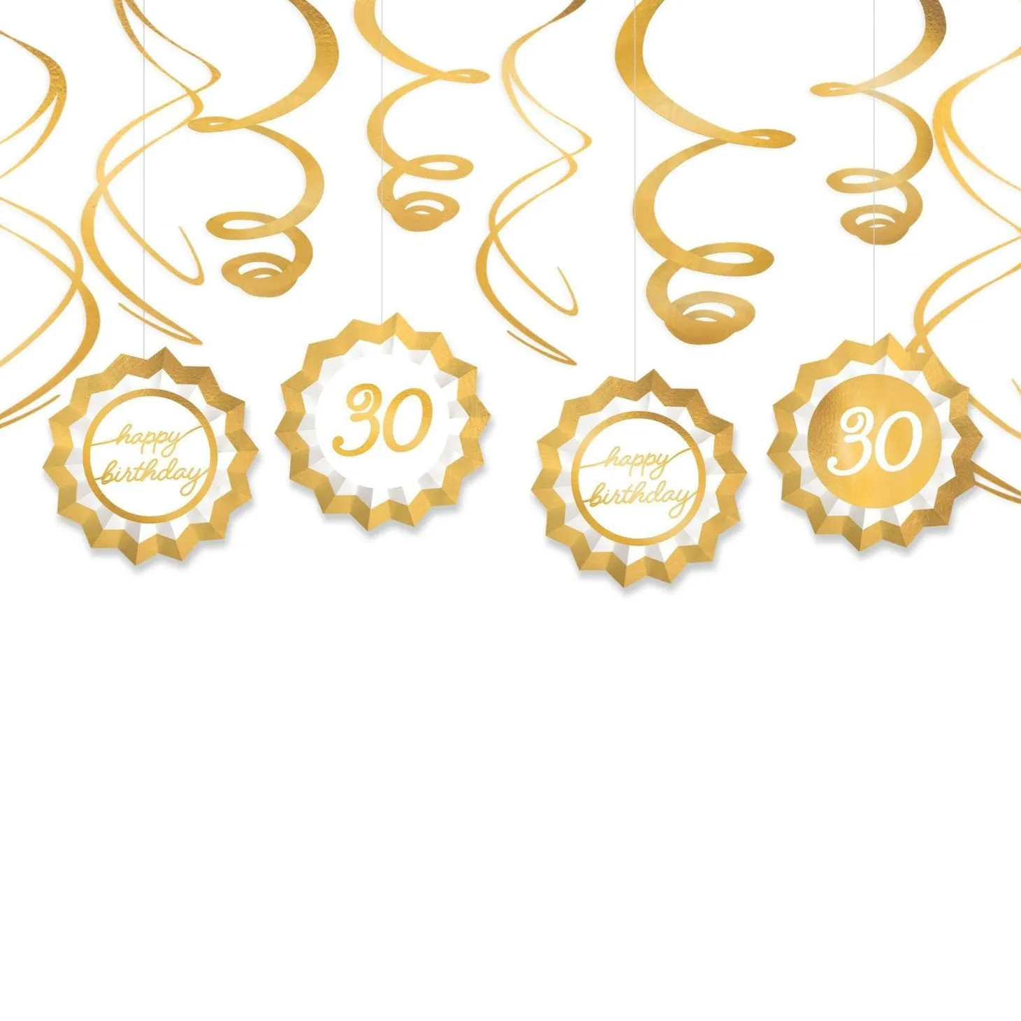 Metallic Golden Age Birthday Paper Fans & Swirl Decorations, 12pc, Ages