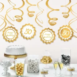 Metallic Golden Age Birthday Paper Fans & Swirl Decorations, 12pc, Ages