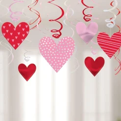 Metallic Pink & Red Patterned Heart Cardstock & Foil Swirl Decorations, 12ct