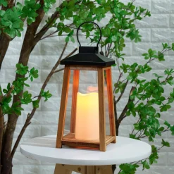 Metal & Wood Lantern with Flickering LED Candle, 6in x 14in