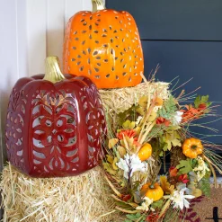 Natural Grass Fall Wreath with Foam Pumpkins & Mums, 18in