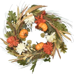 Natural Grass Fall Wreath with Foam Pumpkins & Mums, 18in