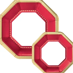 Octoganal Premium Paper Dinner (10.25in) & Dessert (7.5in) Plates with Color Border, 20ct, Assorted Colors