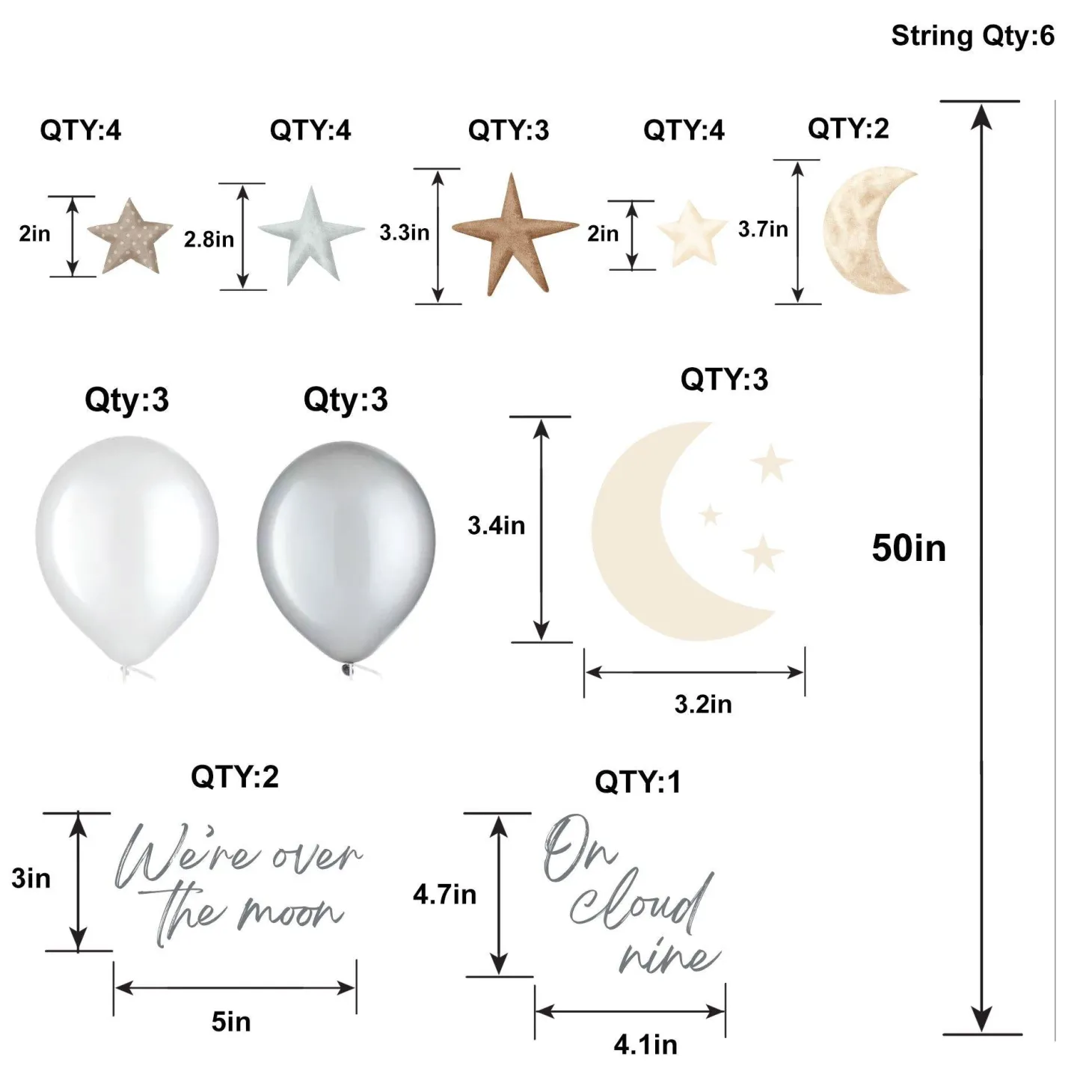 Over the Moon Baby Shower Latex Balloons, 12in, 6ct, with Balloon Tails