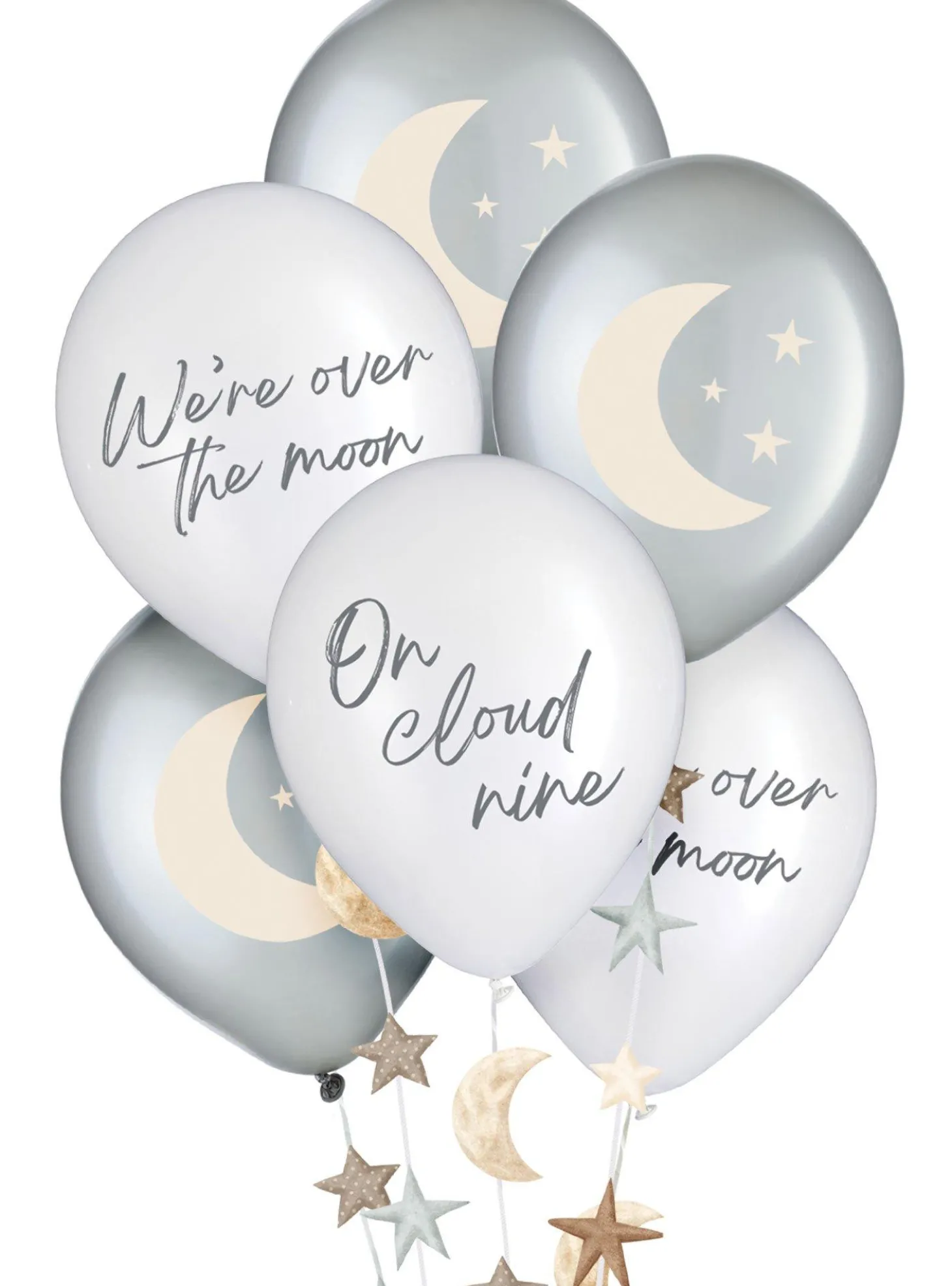 Over the Moon Baby Shower Latex Balloons, 12in, 6ct, with Balloon Tails