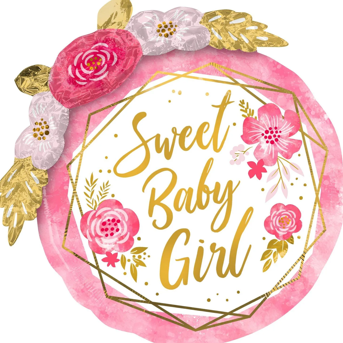 Pink Floral & Geometric Sweet Baby Girl Foil Balloon, 36in