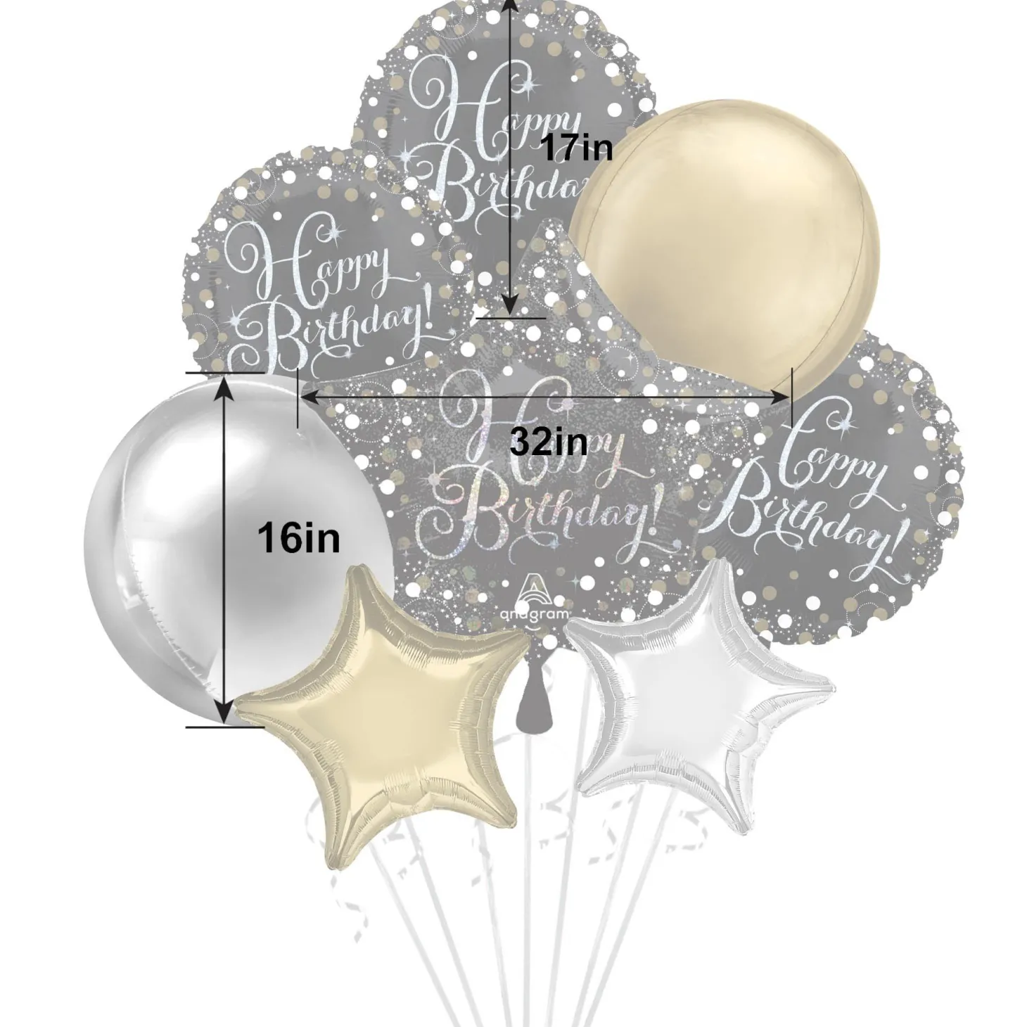 Premium Sparkling Celebration Birthday Foil Balloon Bouquet, 8pc