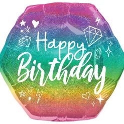 Prismatic Sparkle Happy Birthday Hexagonal Foil Balloon, 23in x 22in
