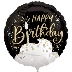 Satin Black, Silver & Gold Happy Birthday Foil Balloon (24in) with Balloon Tail (3.75ft)