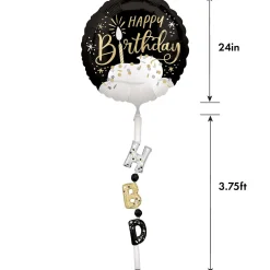 Satin Black, Silver & Gold Happy Birthday Foil Balloon (24in) with Balloon Tail (3.75ft)