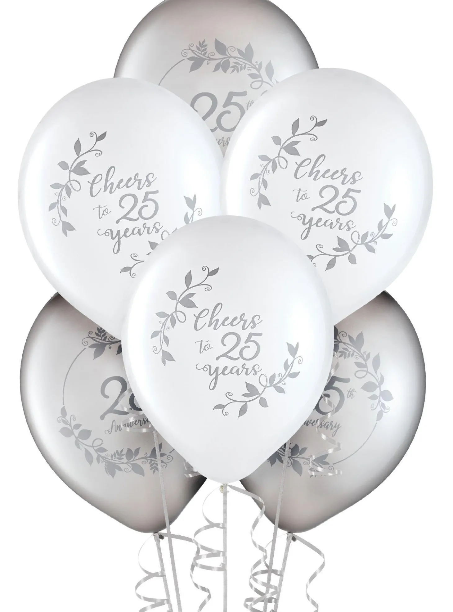 Silver & White 25th Anniversary Latex Balloons, 12in, 15ct