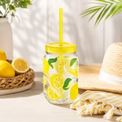 Summer Lemon Plastic Mason Jar Cup with Straw, 16oz