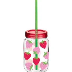 Summer Strawberry Plastic Mason Jar Cup with Straw, 16oz