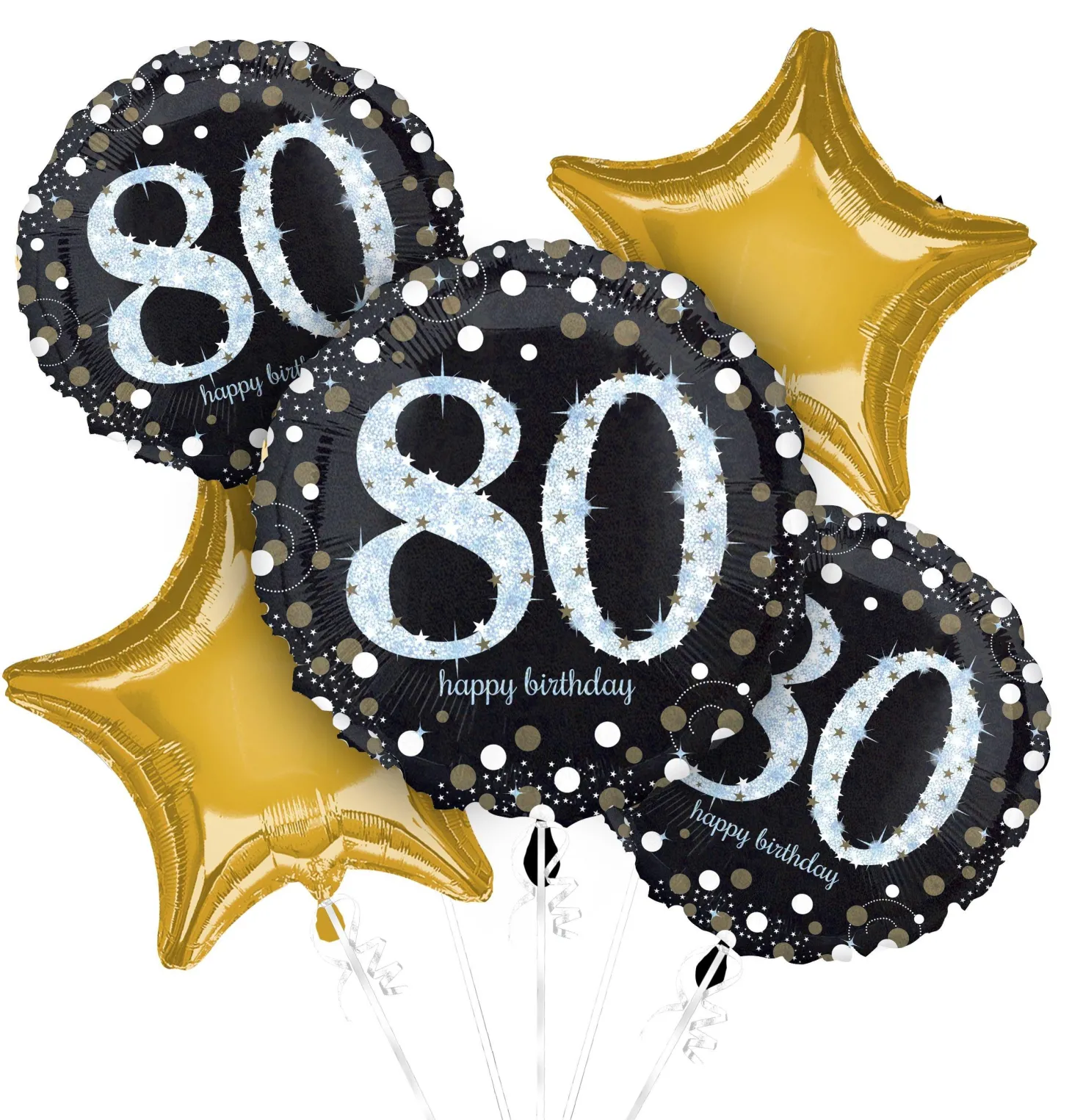 80th Birthday Foil Balloon Bouquet, 5pc - Sparkling Celebration